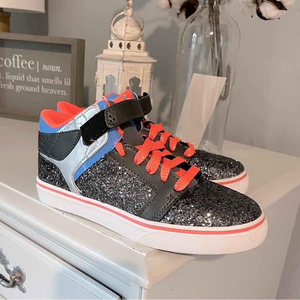 Fashion Sneakers Charcoal Glittery Mid Top Neon Coral Laces Girls 5